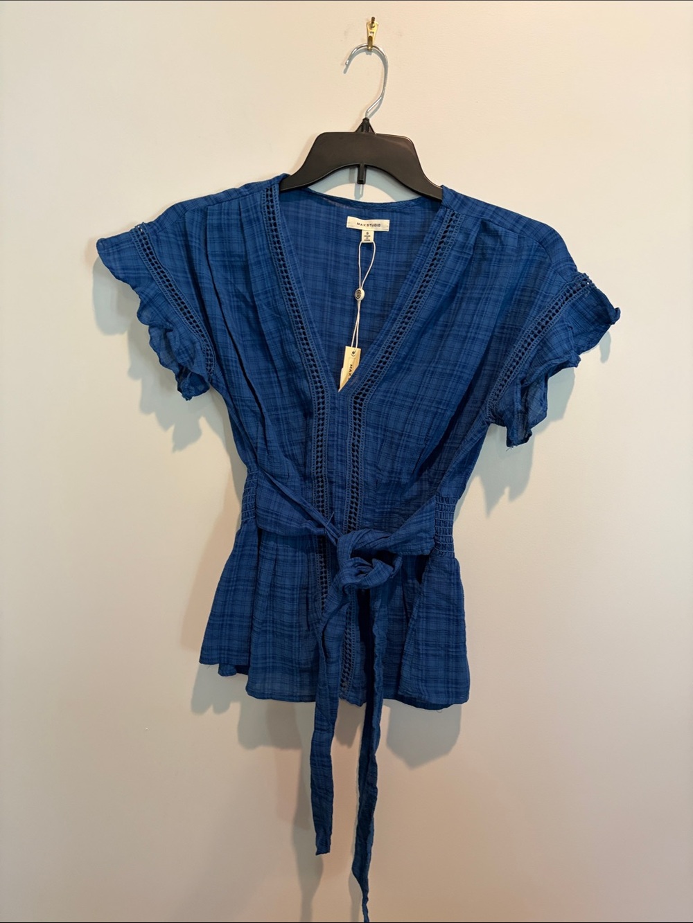 V-Neck Tie-Waist Flutter Sleeve Blouse in Navy by KUT from the Kloth